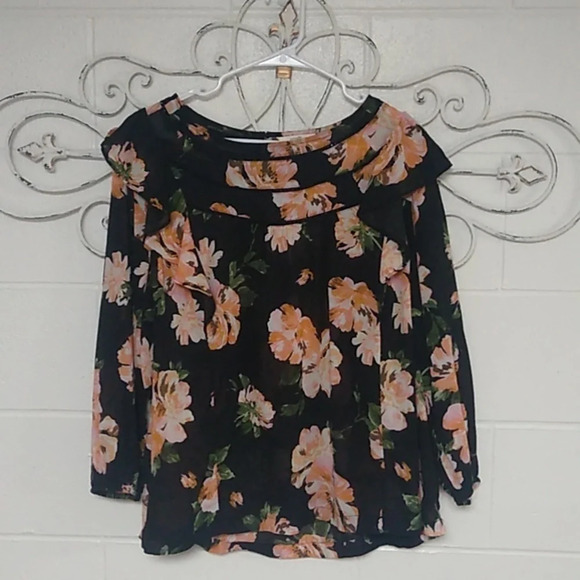LIGHTWEIGHT, BOHO, COTTAGECORE, FEMININE, FLORAL ON  BLK, LONG SLEEVE BLOUSE - Picture 1 of 10